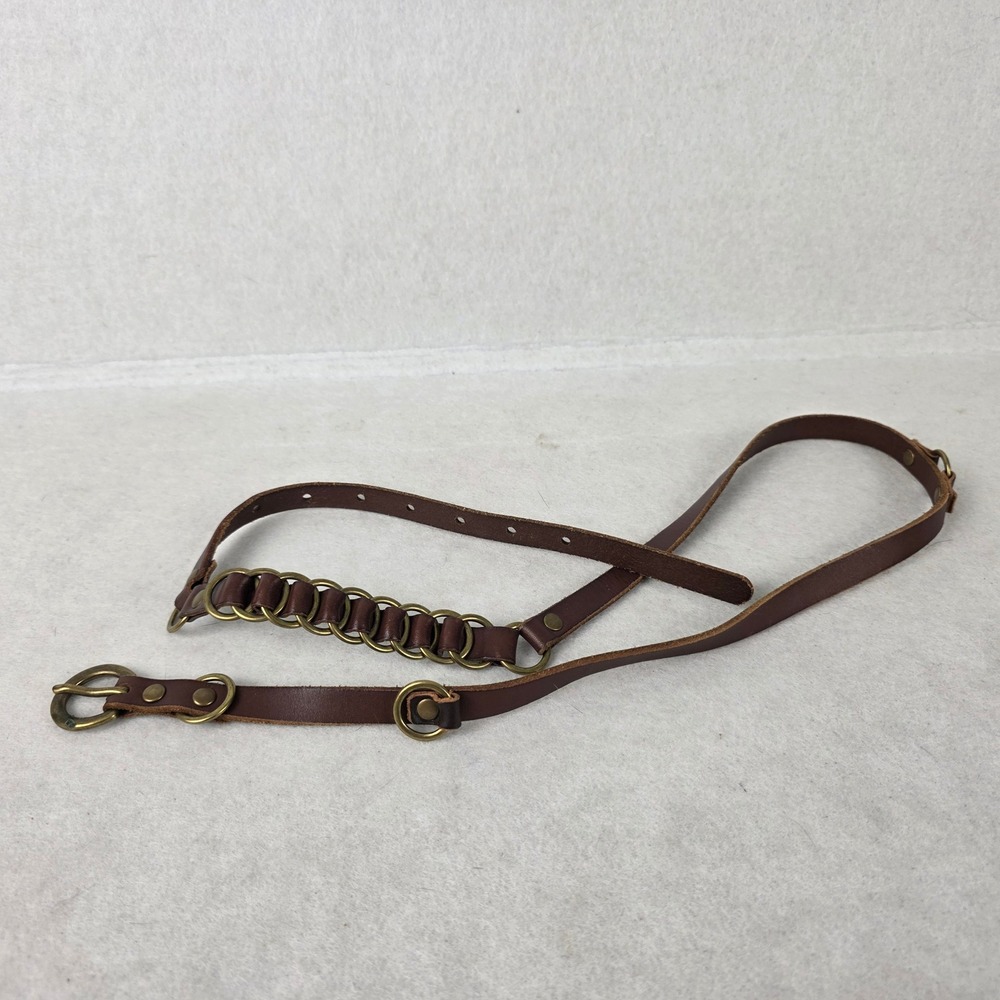 Brown Leather Skinny Belt Brass Tone Ring Chain Link Boho Western Adjustable